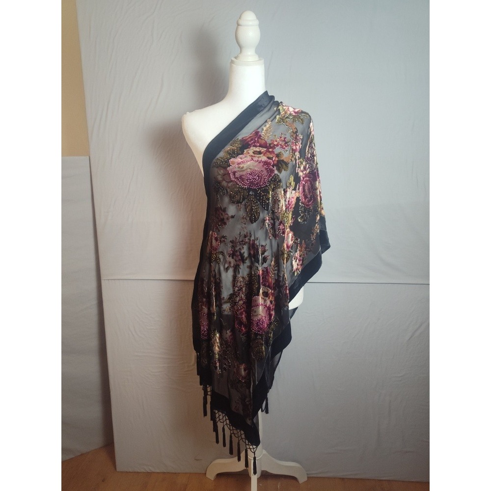 Black Burnout Velvet Floral Beaded Fringe Shawl Wrap Evening Scarf Tassel Trim